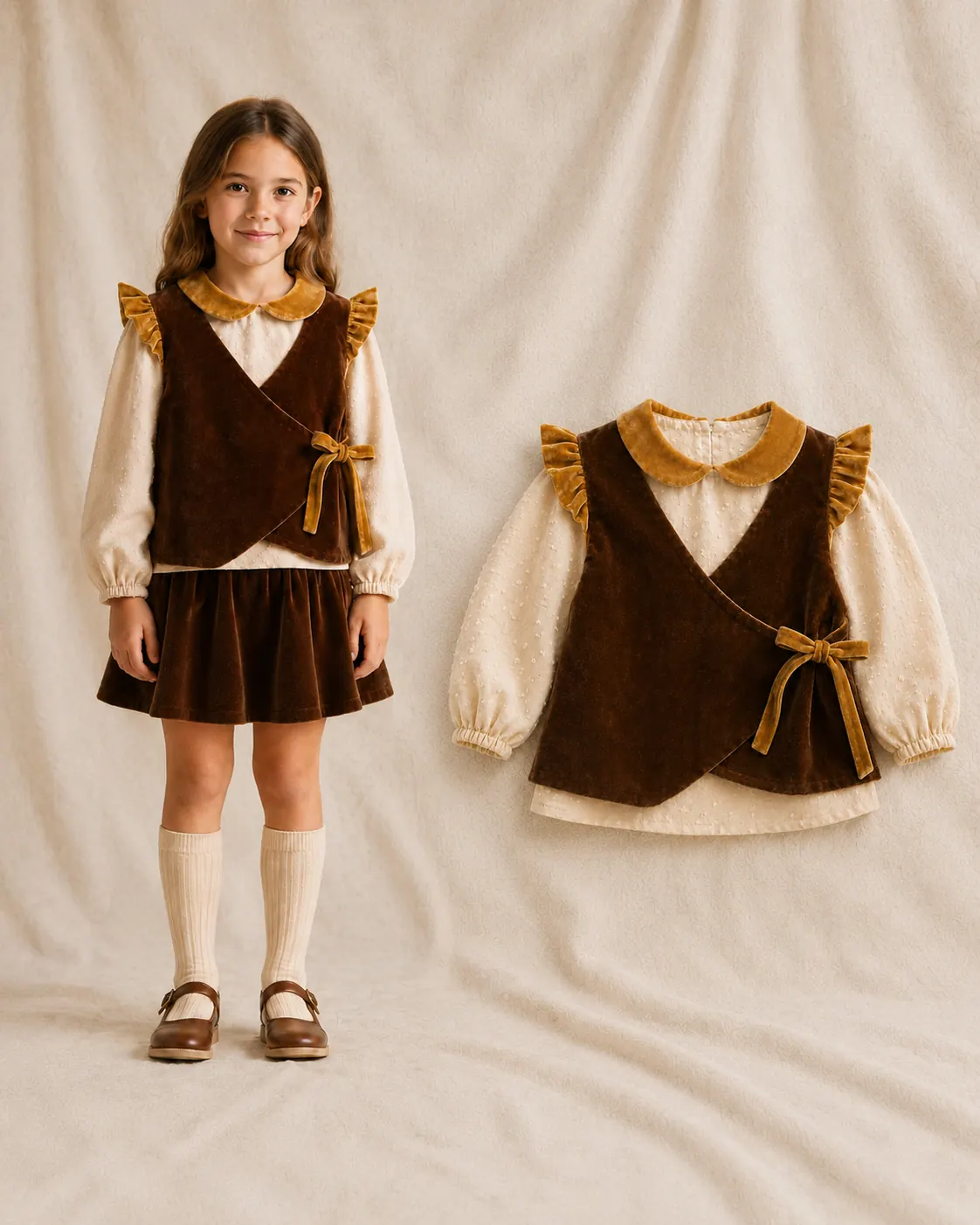 Conjunto infantil artesanal con chaleco tercio pelo marrón y blusa beige
